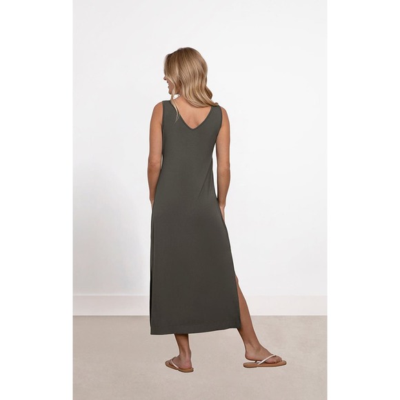 Sympli Women's Bamboo Reversible Maxi Dress Size L Slit Tank Olive Color NWT - Picture 4 of 4